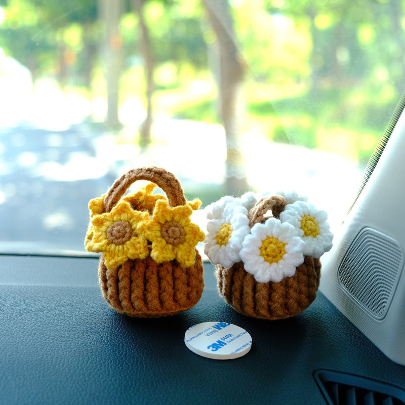 Crochet Sunflower/Daisy Flower Basket Car Dashboard Accessory, Car Plant Dashboard Decor, Cute Car Accessories Interior, Christmas Gift