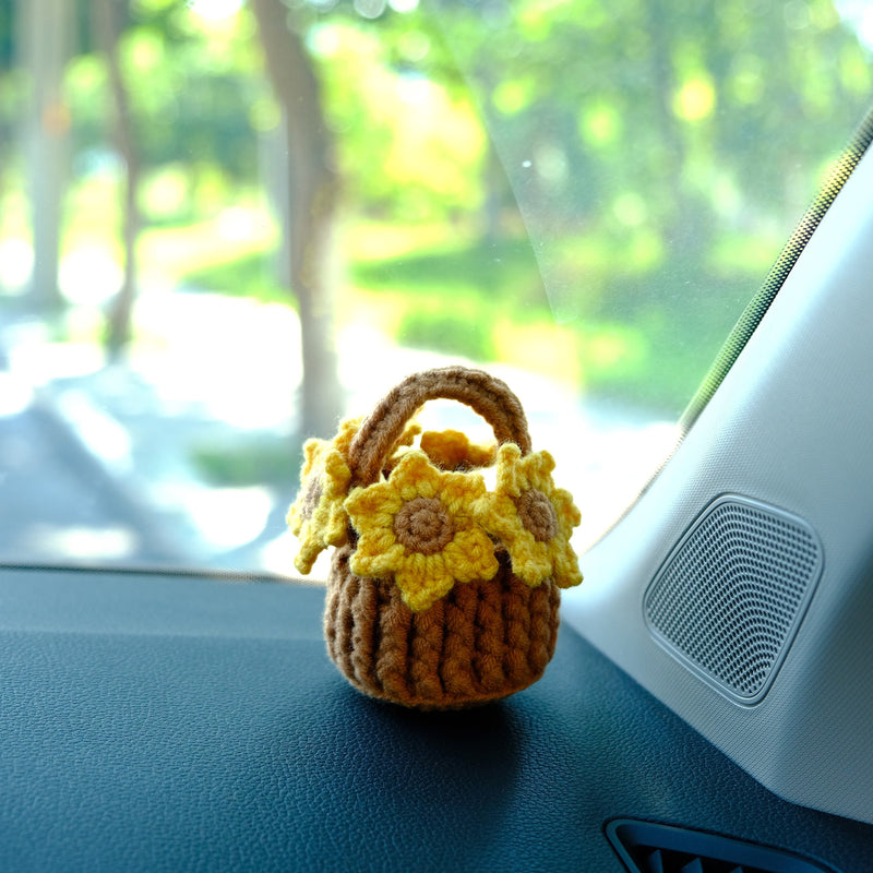 Crochet Sunflower/Daisy Flower Basket Car Dashboard Accessory, Car Plant Dashboard Decor, Cute Car Accessories Interior, Christmas Gift