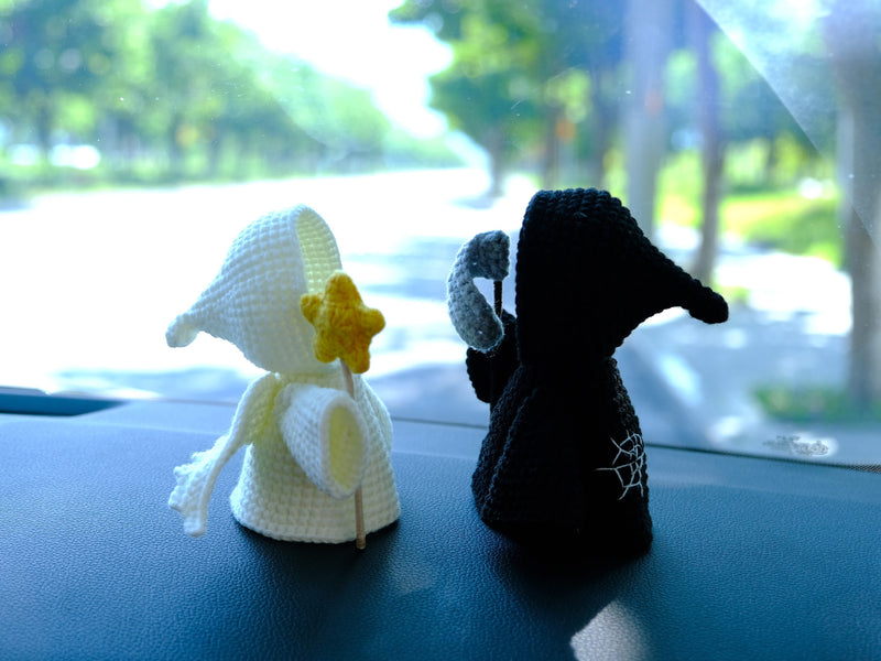 Crochet Ghost Doll Car Dashboard Decor, Cute Angel & Grim Reaper Car Dashboard Accessory, Spooky Interior Car Accessory, Halloween Gift