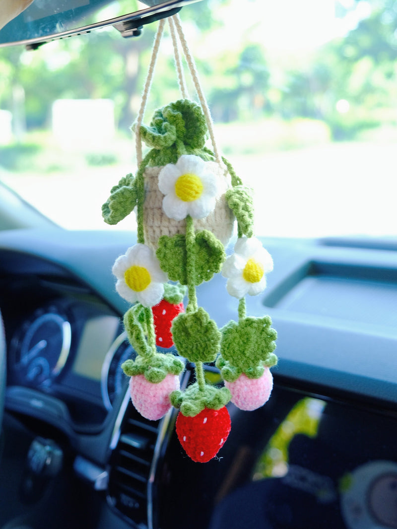 Crochet Strawberry & Daisy Car Mirror Hanging Accessories, Succulents Car Rear View Mirror Accessory, Boho Interior Car Accessory for Women