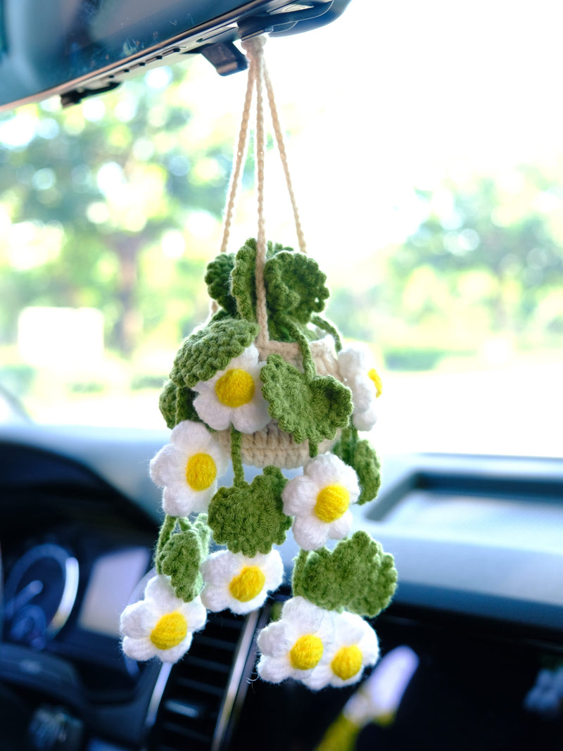 Crochet Daisy Flower Car Mirror Hanging Accessories, Succulents Car Rear View Mirror Accessory, Boho Interior Car Accessory for Women