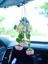 Crochet Rose & Daisy Car Mirror Hanging Accessories, Succulents Car Rear View Mirror Accessory, Boho Interior Car Accessory for Women