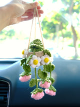 Crochet Rose & Daisy Car Mirror Hanging Accessories, Succulents Car Rear View Mirror Accessory, Boho Interior Car Accessory for Women