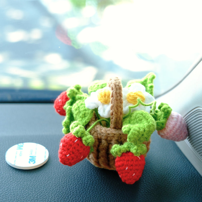 Crochet Strawberry/Daisy/Forget Me Not Car Accessory, Flower Basket Car Dashboard Decor, Boho Car Interior Accessory, Christmas Gift for Her