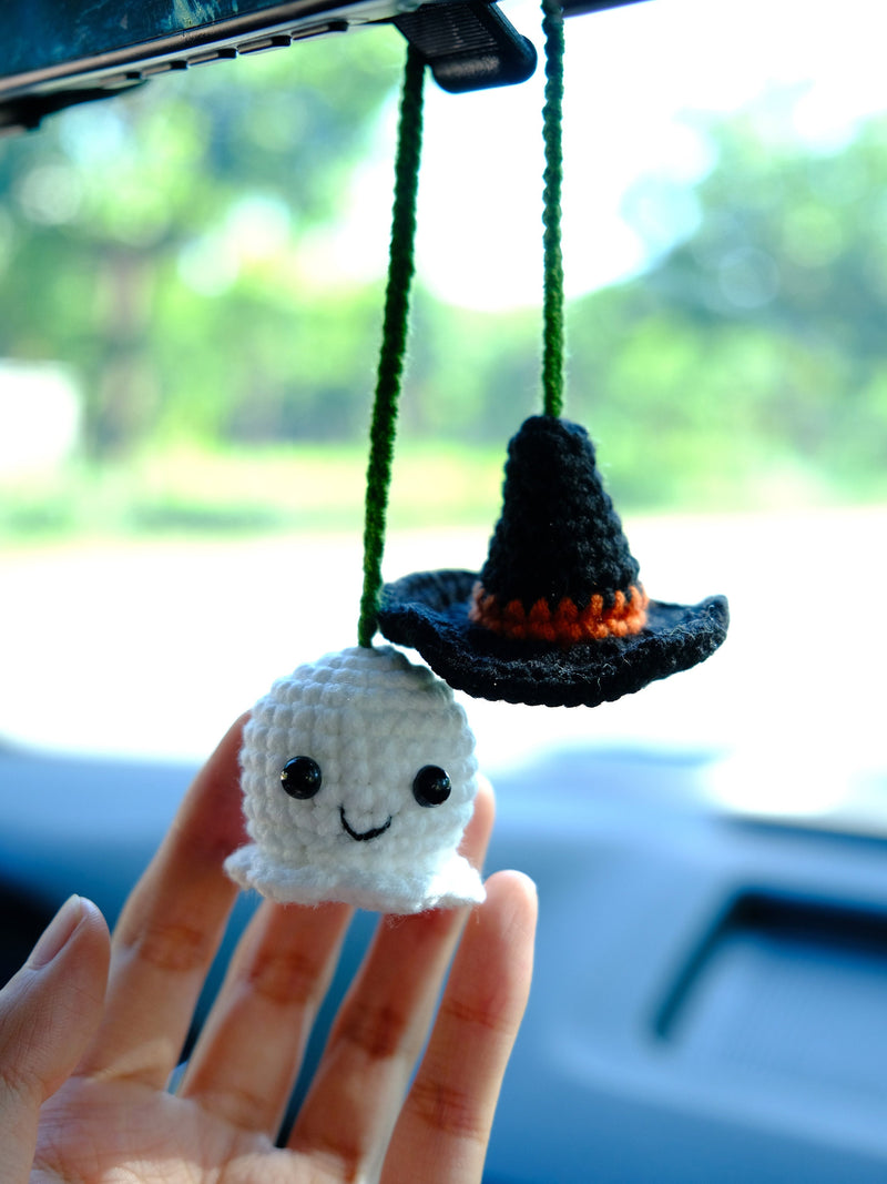 Crochet Ghost & Wizard Hat Car Hanging Accessories, Car Rear View Mirror Hanging Accessories, Goth Car Accessory, Unique Halloween Gift