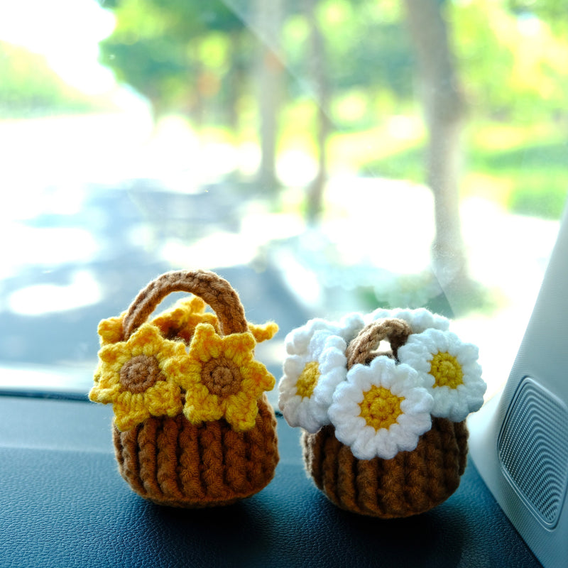 Crochet Sunflower/Daisy Flower Basket Car Dashboard Accessory, Car Plant Dashboard Decor, Cute Car Accessories Interior, Christmas Gift