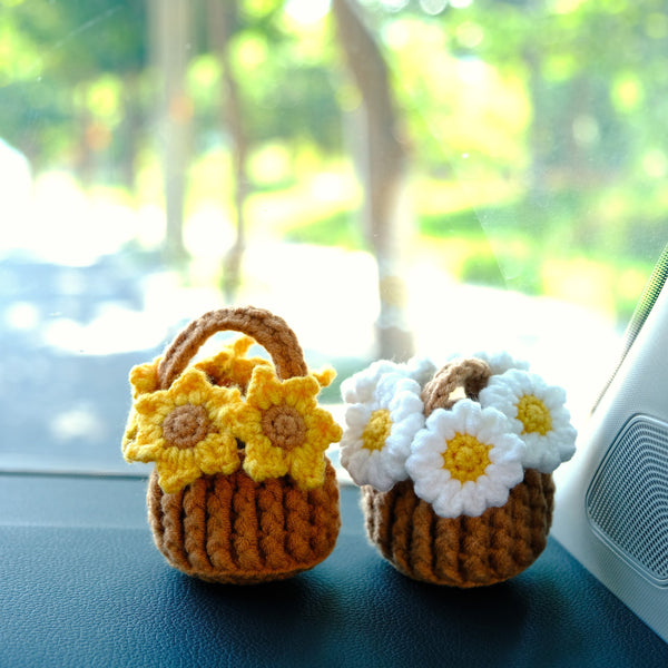 Crochet Sunflower/Daisy Flower Basket Car Dashboard Accessory, Car Plant Dashboard Decor, Cute Car Accessories Interior, Christmas Gift