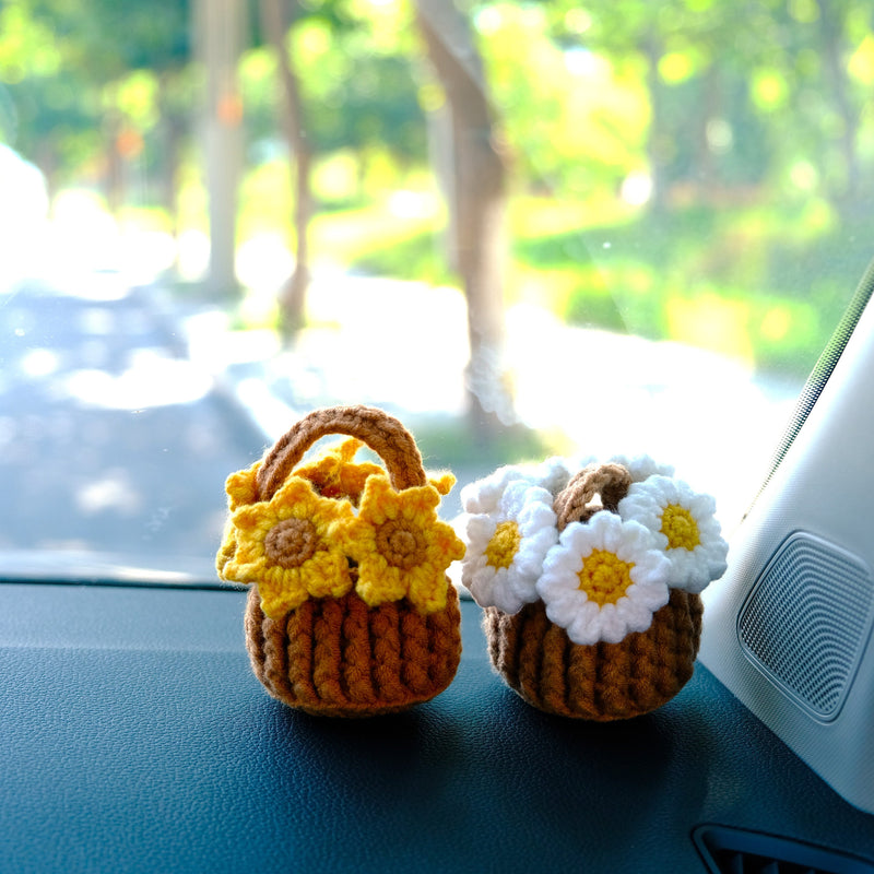 Crochet Sunflower/Daisy Flower Basket Car Dashboard Accessory, Car Plant Dashboard Decor, Cute Car Accessories Interior, Christmas Gift