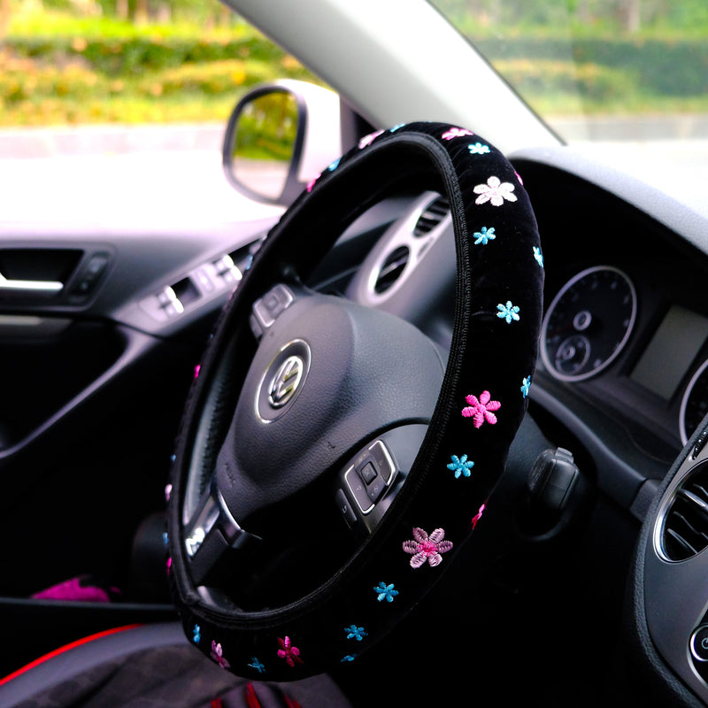 Pink Flower Embroidered Steering Wheel Cover, Elastic Steering Wheel Cover, Boho Steering Wheel Cover for Women, Cute Steering Wheel Cover