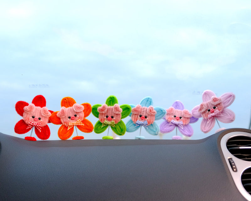 3pcs Chenille Piggy Flower Car Accessory, Cute Rainbow Flower Bobblehead Car Dashboard Decor, Cute Car Accessories Interior, Christmas Gift