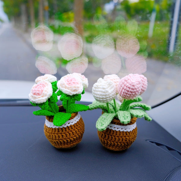 Crochet Tulip/Rose Car Accessory, Car Plant Car Dashboard Decor, Cute Car Interior Accessory for Women, Pink Car Accessories, Gift for Her