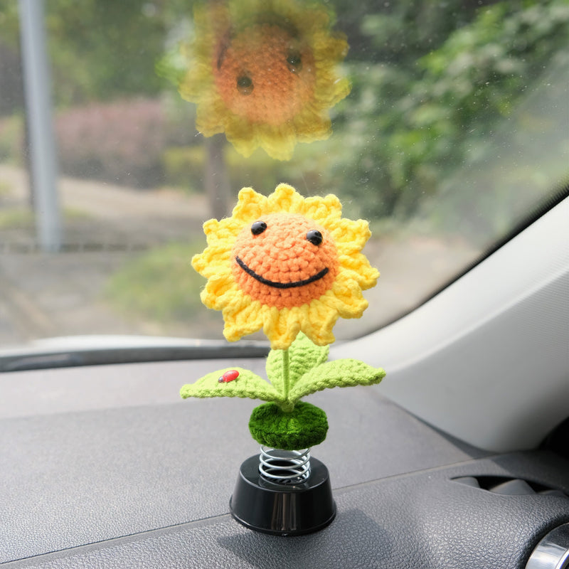 Crochet Smiley Sunflower Car Dashboard Decor, Bobblehead Sunflower Car Interior Accessories for Women, Boho Car Accessory, Car Air Freshener