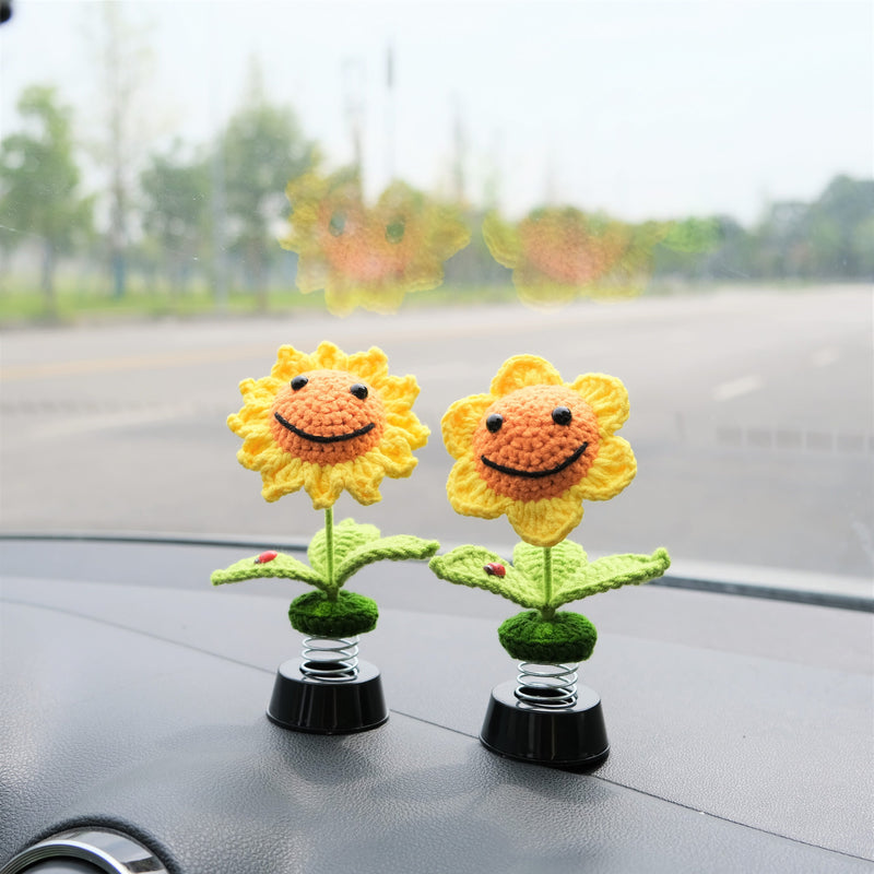 Crochet Smiley Sunflower Car Dashboard Decor, Bobblehead Sunflower Car Interior Accessories for Women, Boho Car Accessory, Car Air Freshener