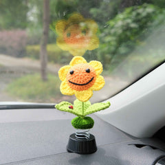 Crochet Smiley Sunflower Car Dashboard Decor, Bobblehead Sunflower Car Interior Accessories for Women, Boho Car Accessory, Car Air Freshener