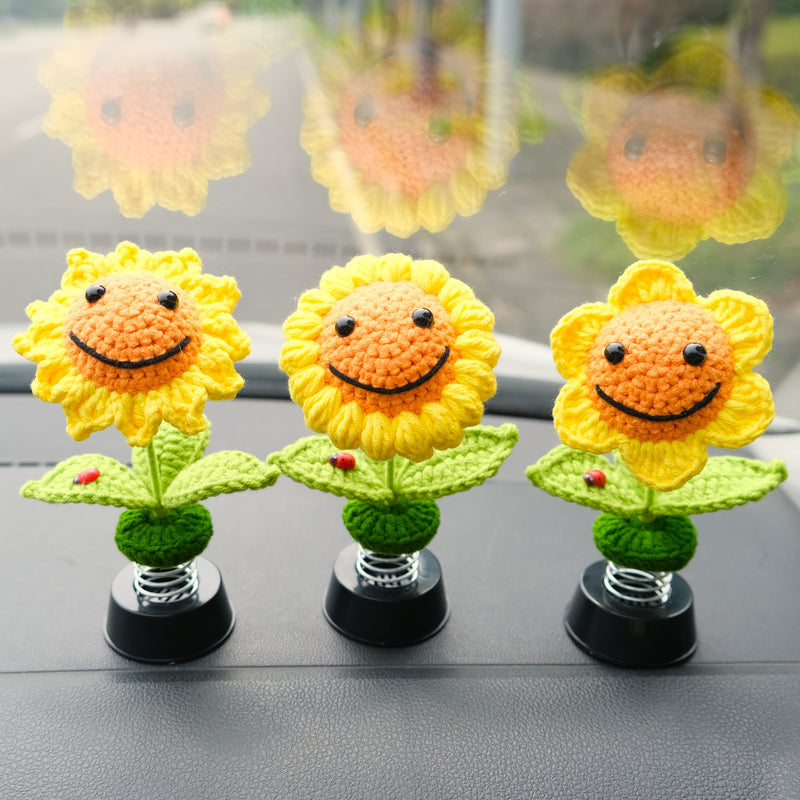 Crochet Smiley Sunflower Car Dashboard Decor, Bobblehead Sunflower Car Interior Accessories for Women, Boho Car Accessory, Car Air Freshener