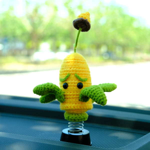 Crochet Corn Shooter Bobblehead Car Accessories, Car Plant Dashboard Decor, Cute Car Interior Accessory for Women/Teens, Car Air Freshener