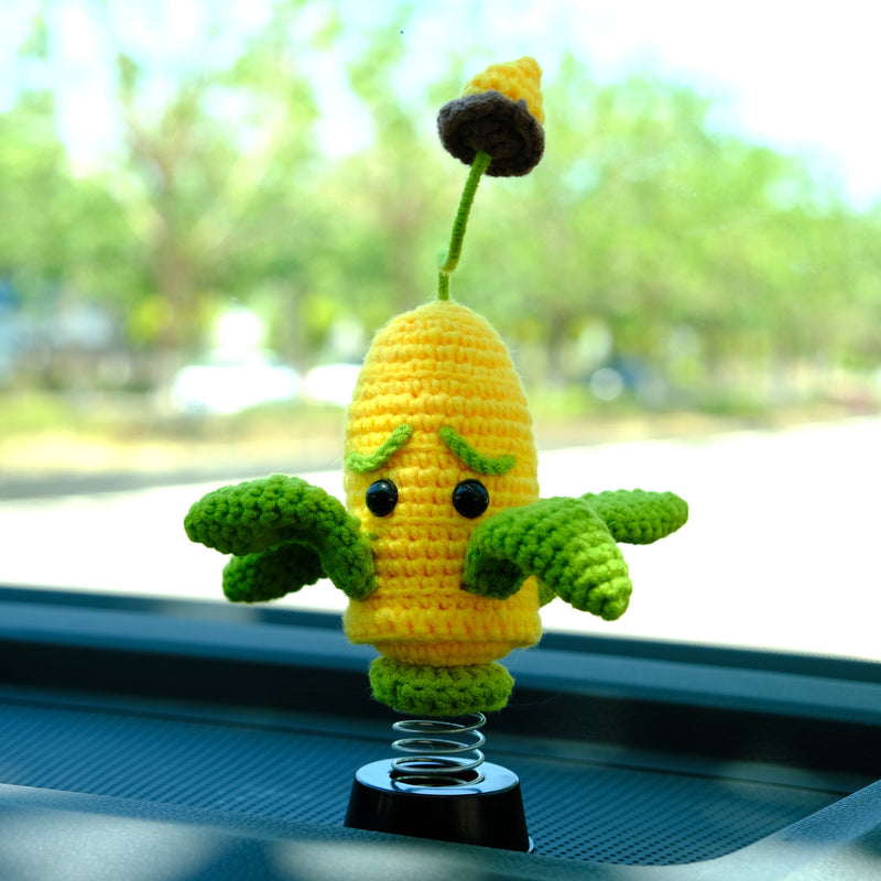 Crochet Corn Shooter Bobblehead Car Accessories, Car Plant Dashboard Decor, Cute Car Interior Accessory for Women/Teens, Car Air Freshener