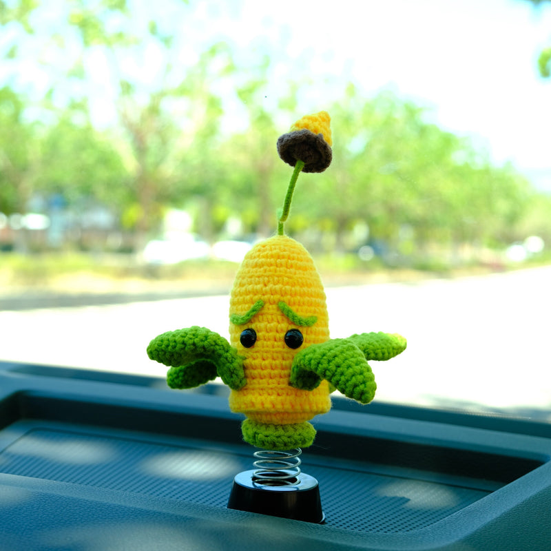 Crochet Corn Shooter Bobblehead Car Accessories, Car Plant Dashboard Decor, Cute Car Interior Accessory for Women/Teens, Car Air Freshener