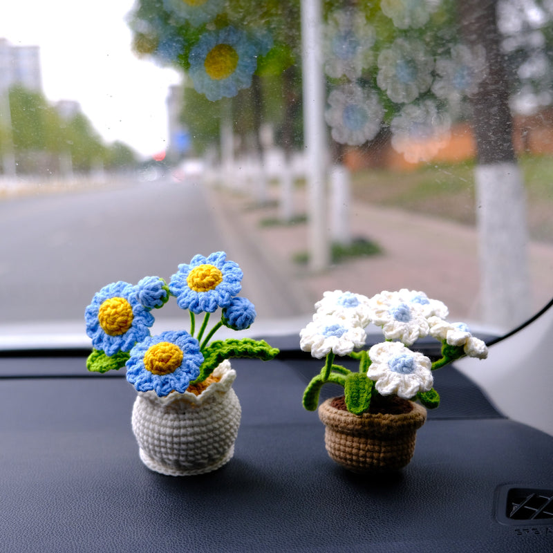 Crochet Daisy Car Accessory, White/Blue Daisy Potted Plant Car Dashboard Decor, Boho Car Interior Accessory for Women, Mothers Day Gift