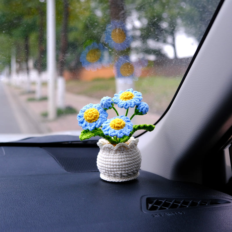 Crochet Daisy Car Accessory, White/Blue Daisy Potted Plant Car Dashboard Decor, Boho Car Interior Accessory for Women, Mothers Day Gift