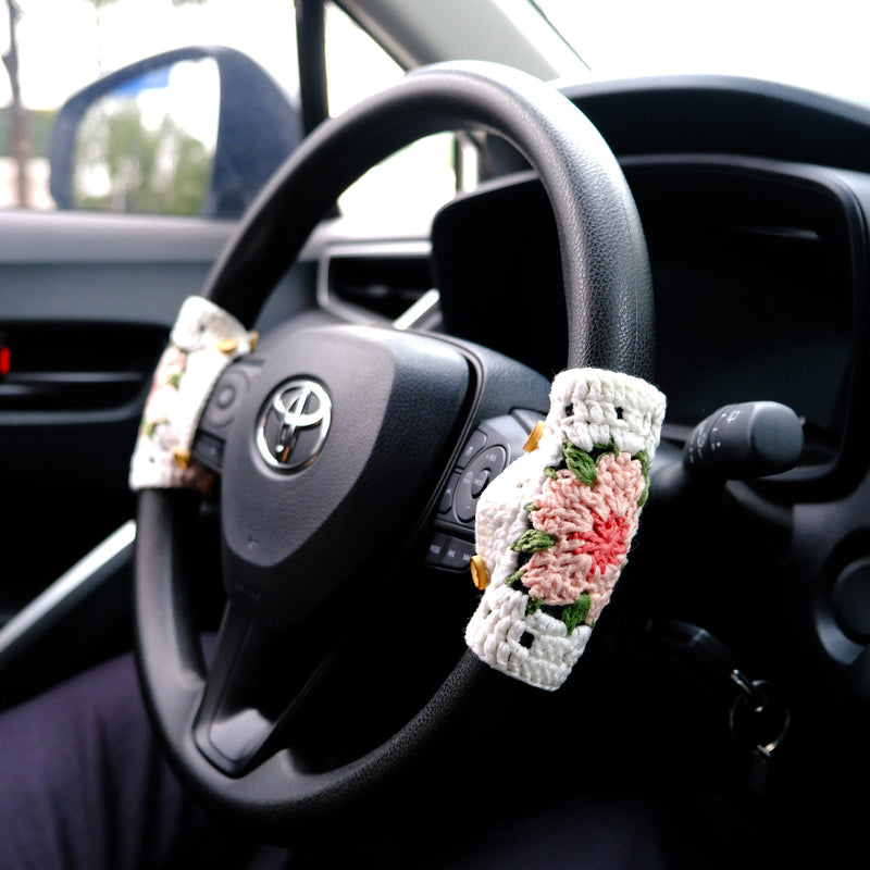 Crochet Sakura Steering Wheel Cover, Adjustable Steering Wheel Cover, Cute Car Interior Accessory for Women, Boho Steering Wheel Cover