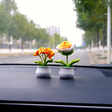 Rose/Forget Me Not Car Dashboard Decor, Crochet Orange Potted Plant Accessories, Boho Car Accessory for Women, Cute Car Accessories Interior