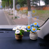 Crochet Daisy Car Accessory, White/Blue Daisy Potted Plant Car Dashboard Decor, Boho Car Interior Accessory for Women, Mothers Day Gift