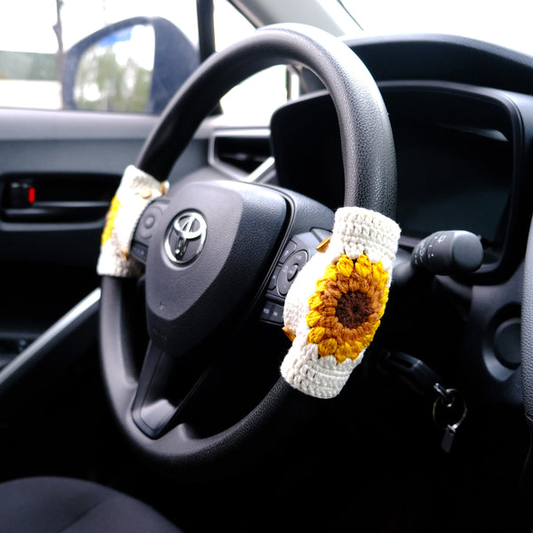 Crochet Sunflower Steering Wheel Cover, Adjustable Steering Wheel Cover, Cute Interior Car Accessory for Women, Boho Steering Wheel Cover