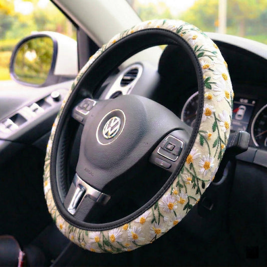 Hippie Flower Embroidery Steering Wheel Cover