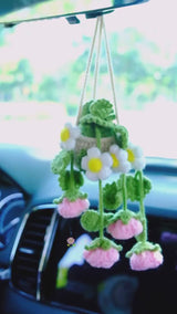 Crochet Rose & Daisy Car Mirror Hanging Accessories, Succulents Car Rear View Mirror Accessory, Boho Interior Car Accessory for Women