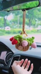 Crochet Strawberry & Daisy Car Mirror Hanging Accessories, Mini Flower Basket Car Rear View Mirror Accessory, Boho Interior Car Accessory