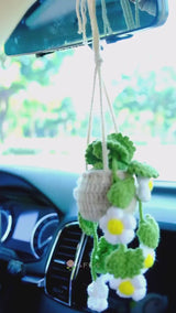 Crochet Daisy Flower Car Mirror Hanging Accessories, Succulents Car Rear View Mirror Accessory, Boho Interior Car Accessory for Women