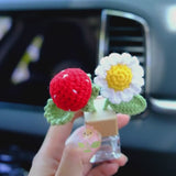 Crochet Strawberry & Daisy Car Air Freshener, Car Plant Vent Clip, Flower Car Diffuser Bottle, Cute Car Accessory for Women, Gift for Her