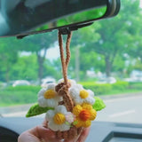 Crochet Fluffy Flowers Car Mirror Hanging Accessories, Mini Daisy Flower Basket Car Rear View Mirror Accessory, Boho Interior Car Accessory