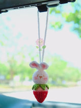 Crochet Strawberry Bunny Car Mirror Hanging Accessories, Car Rear View Mirror Accessory, Anime Car Interior Decor, Strawberry Car Accessory