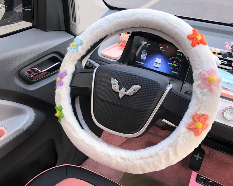 Crochet Flowers Fuzzy Steering Wheel Cover