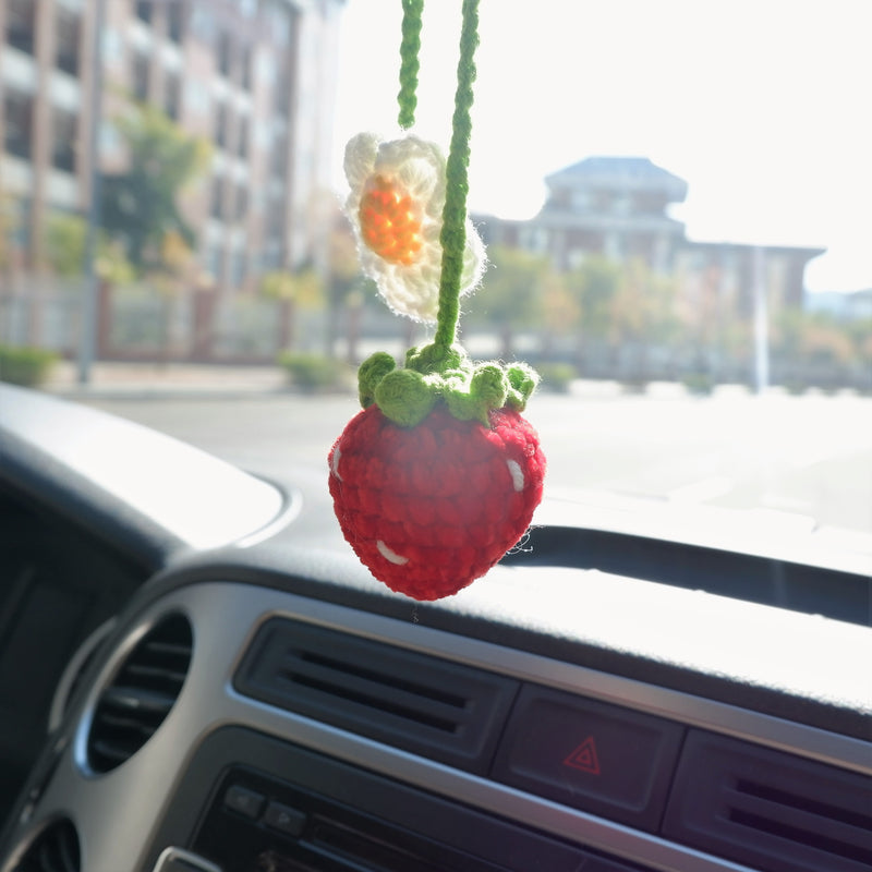 2Pcs Crochet Car Mirror Accessory- Fluffy Strawberry