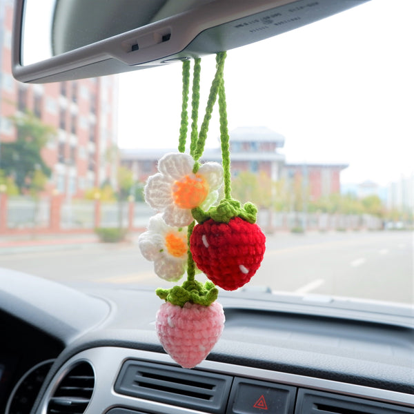 2Pcs Crochet Car Mirror Accessory- Fluffy Strawberry