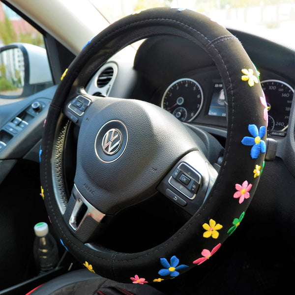 Embroidered Flowers Steering Wheel Cover