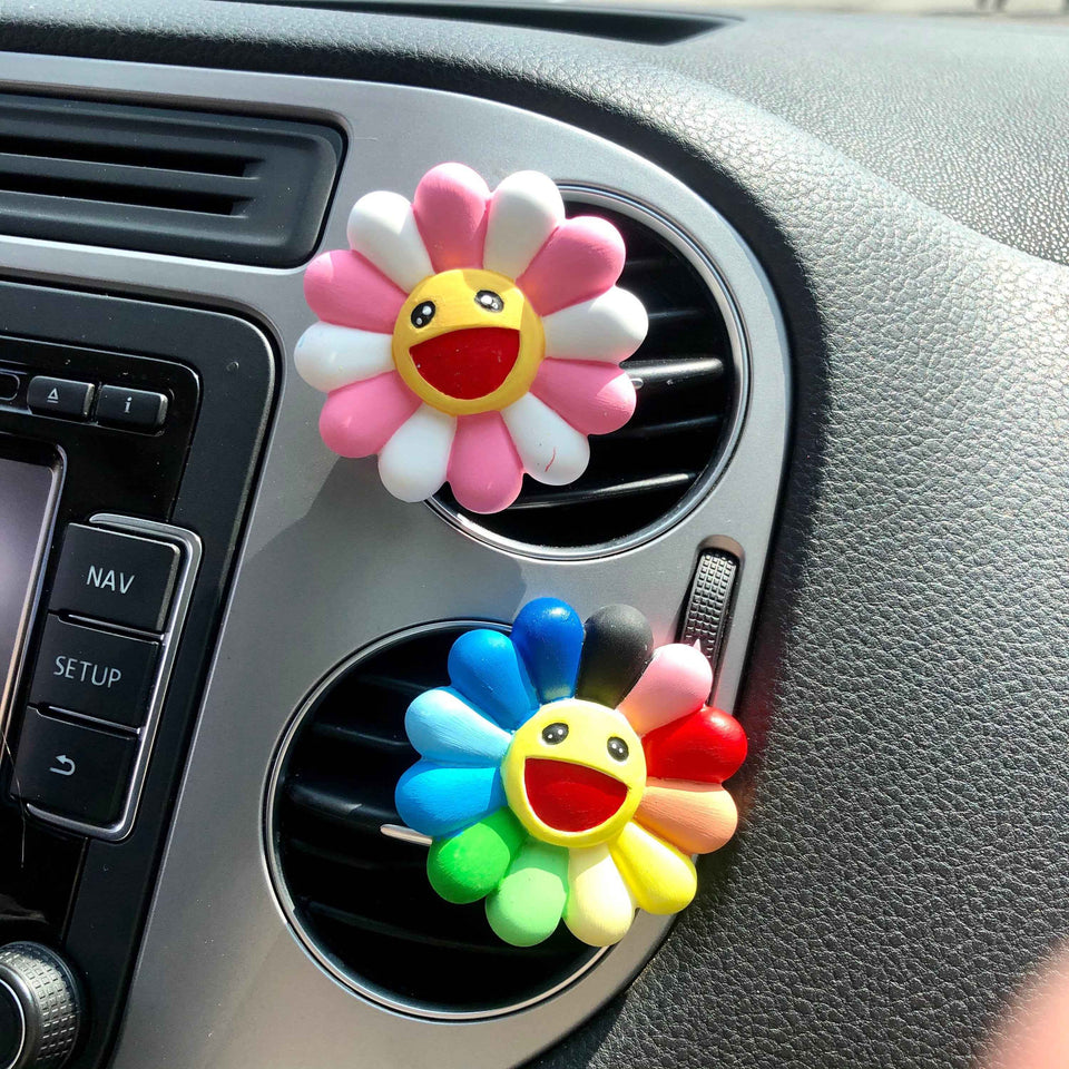 Smiley sunflower car vent clip air freshener with crochet flower top