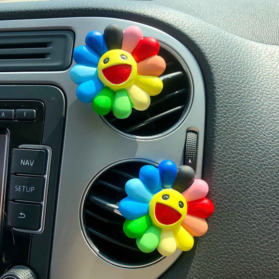 Smiley sunflower car vent clip air freshener set in crochet flower style