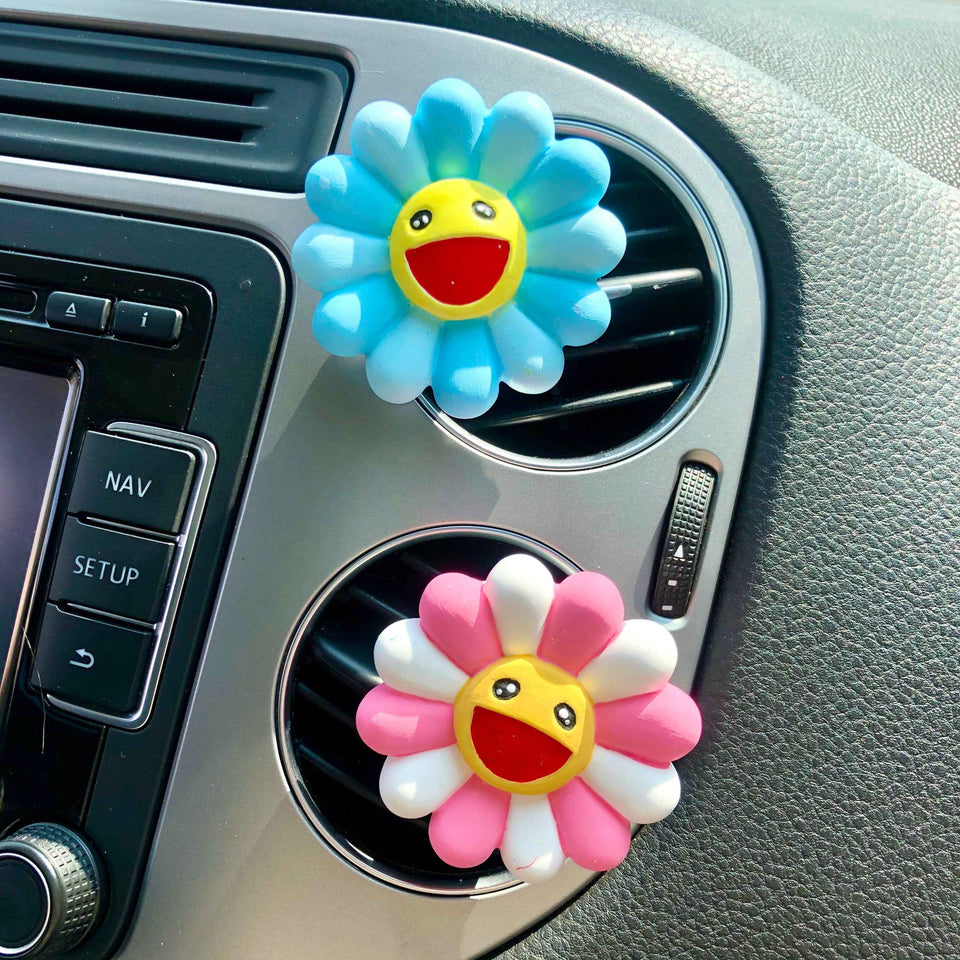 Cute smiley sunflower vent accessory for cheerful car fragrance