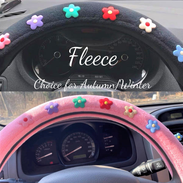 Fleece/Ice Silk Steering Wheel Cover, Cute Flowers Steering Wheel Cover with Grip, Steering Wheel Cover Boho, Car Accessories for Women