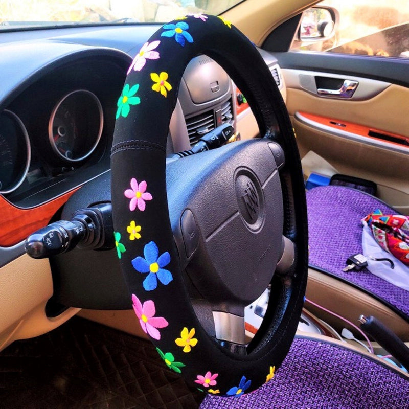 Steering Wheel Cover with Grip, Cute Embroidered Patch Steering Wheel Cover, Generic Steering Wheel Cover Boho, Car Accessories for Women