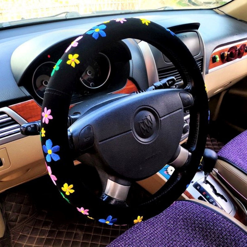 Steering Wheel Cover with Grip, Cute Embroidered Patch Steering Wheel Cover, Generic Steering Wheel Cover Boho, Car Accessories for Women