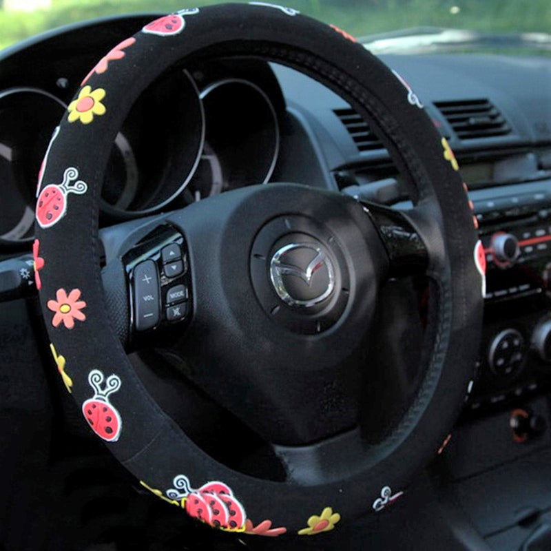 Steering Wheel Cover, Cute Butterfly/Ladybug Patch Steering Wheel Cover, Generic Steering Wheel Cover with Grip, Car Accessories for Women