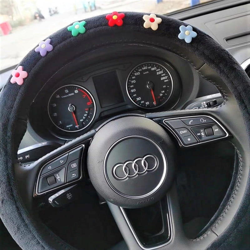 Fleece/Ice Silk Steering Wheel Cover, Cute Flowers Steering Wheel Cover with Grip, Steering Wheel Cover Boho, Car Accessories for Women