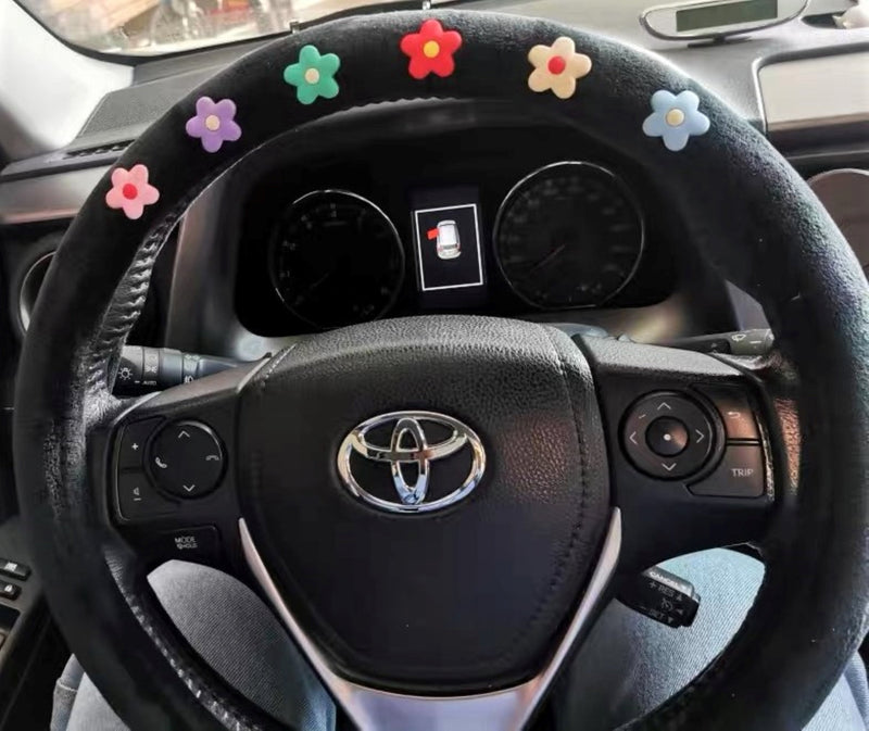 Fleece/Ice Silk Steering Wheel Cover, Cute Flowers Steering Wheel Cover with Grip, Steering Wheel Cover Boho, Car Accessories for Women