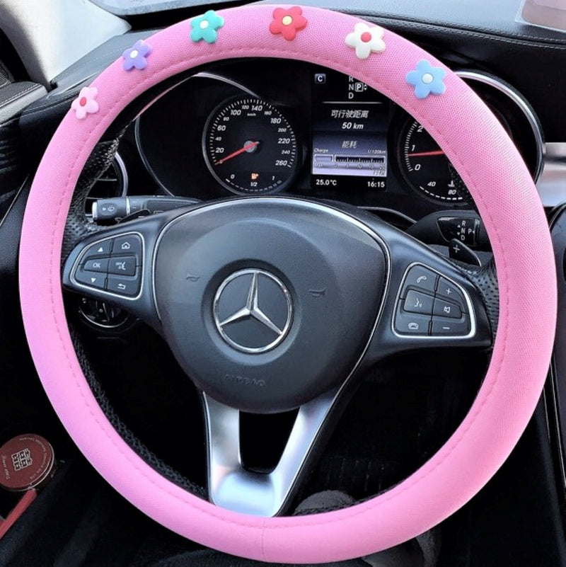 Fleece/Ice Silk Steering Wheel Cover, Cute Flowers Steering Wheel Cover with Grip, Steering Wheel Cover Boho, Car Accessories for Women