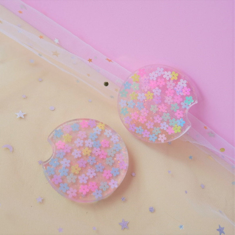 Glitter Car Coasters, Set of 2, Daisy/Rainbow Flower Car Coasters, Cute Car Accessories For Women, 2.5'' Car Coasters, Resin Car Coasters